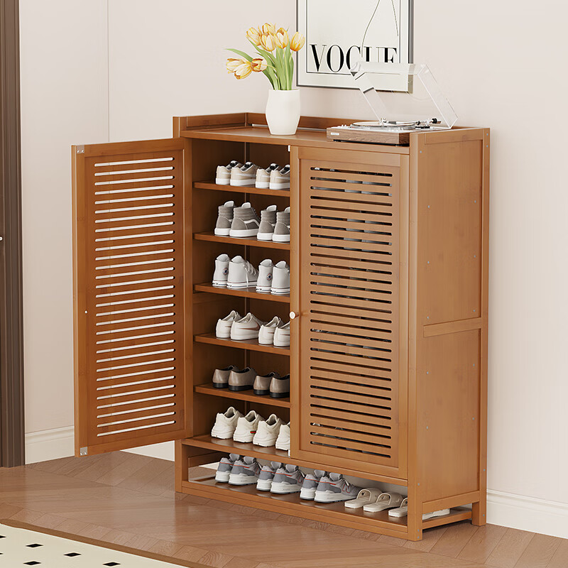 竹艺佳复古鞋柜家用大容量室内省空间鞋子收纳柜楠竹多层结实牢固鞋架子 茶色 两门八层