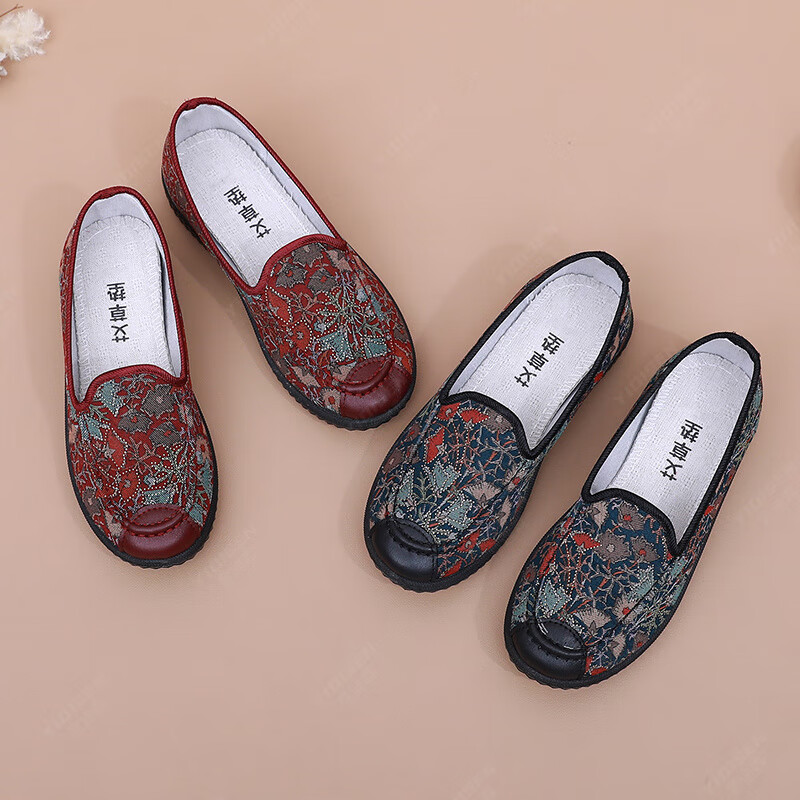 意迪森传统老北京布鞋柔软透气飞织鞋面女单鞋软底不累脚久站不累踩屎感 红色 35 (225mm)