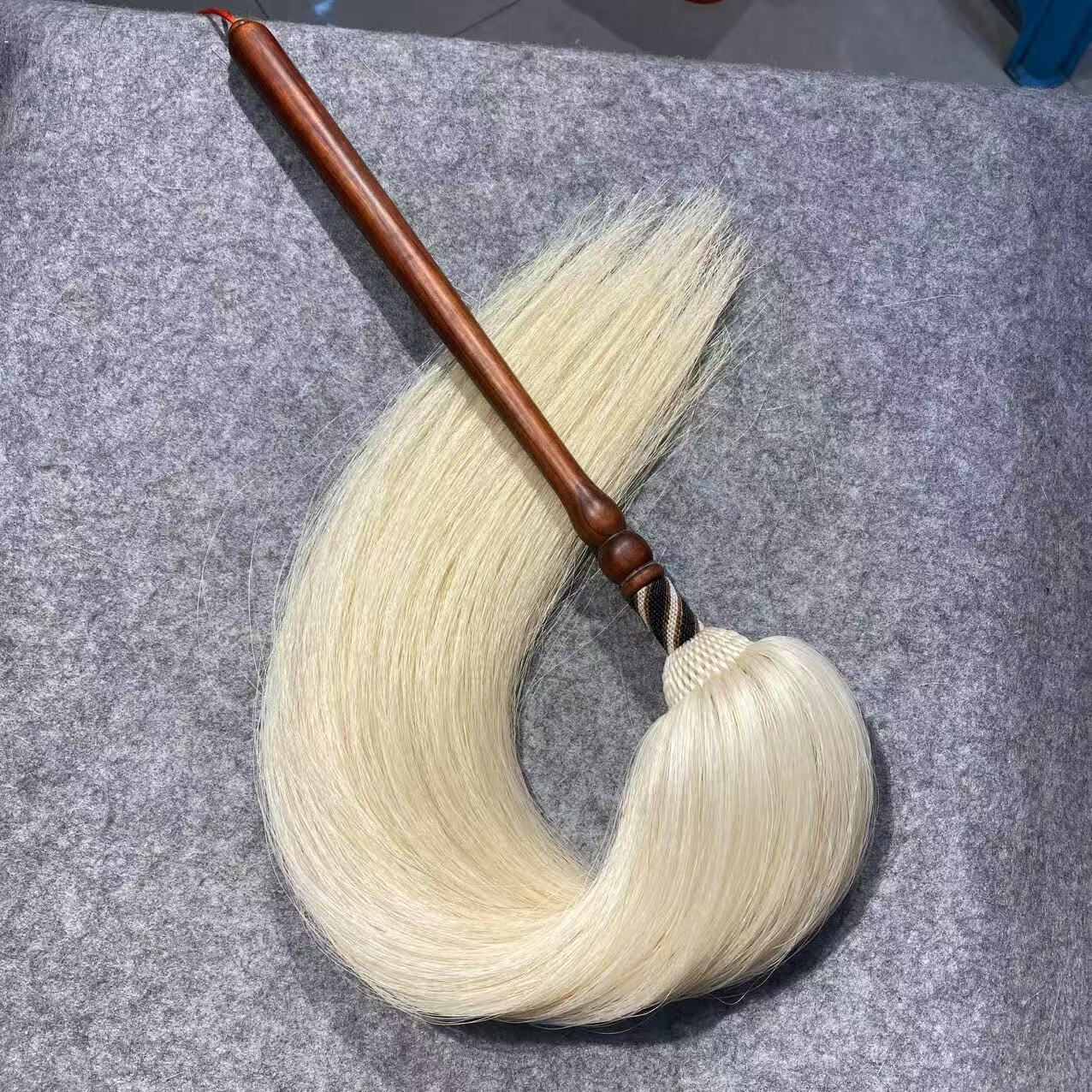 手工精编紫檀柄三色纯马尾拂尘法器道具太极拂尘非遗手工编织 总长95