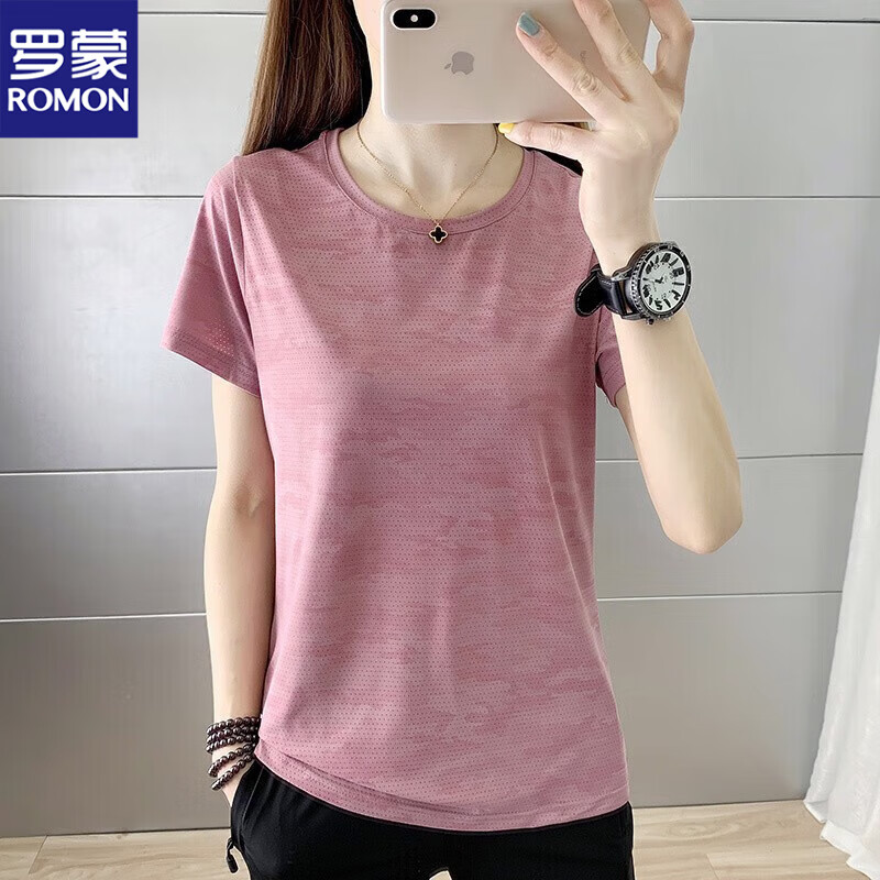 罗蒙冰丝速干运动套装女 夏季超薄透气登山跑步运动服短袖T恤女两件套 女-珊瑚粉上衣 M【90-100斤】