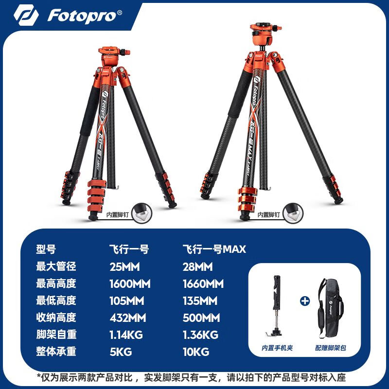 富图宝（FOTOPRO）又轻又稳富图宝飞行一号MAX碳纤维三脚架相机支架微单便携液 倒置球形云台飞行一号-火焰橙 25mm