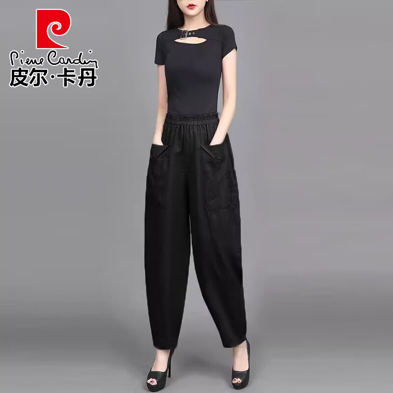 皮爾卡丹棉麻哈倫褲女九分褲夏季中老年媽媽垂墜感高腰燈籠褲外穿休閑褲潮 黑色 2XL 【建議140-160斤】
