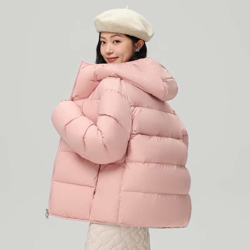 雪中飞新款柔软亲肤面包羽绒服斜插口袋连帽男女同款短款廓形加厚 蜜樱粉|1711 S 160/84A