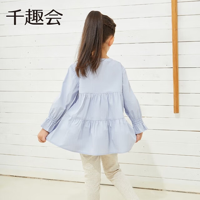 千趣会童装春秋款女童公主风拼接连衣裙棉日系纯色长款衬衫上衣 粉米灰色 110 cm