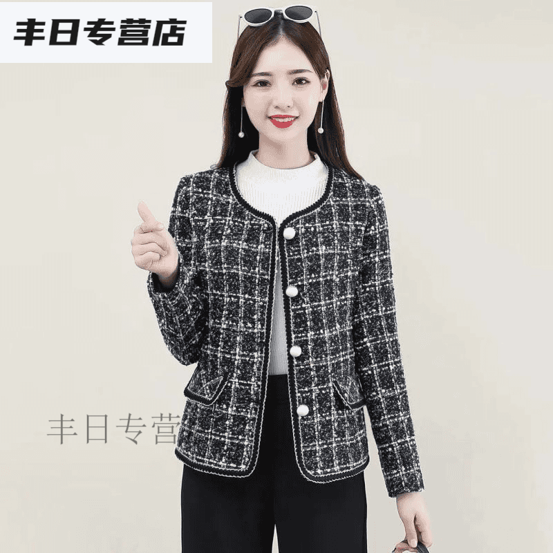 TYBURN韩都孜妮女装小香风春秋短款上衣气质妈妈秋装格子修身外套新款 黑色格子 XL (85-99斤)