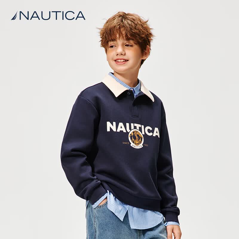 NAUTICA诺帝卡童装 男童女童翻领卫衣春秋季儿童衣服大童亲肤空气层学院 藏青 165