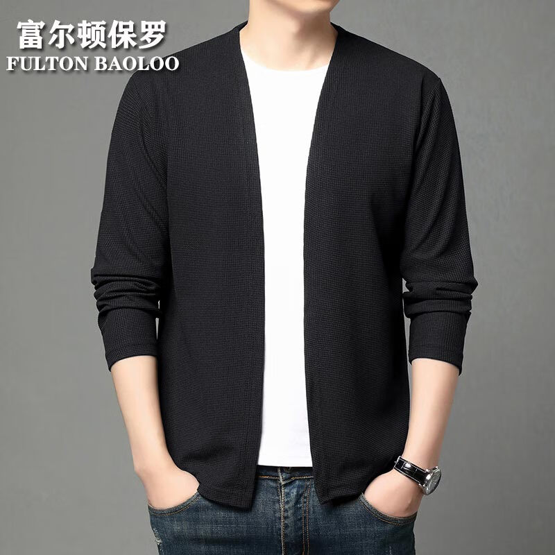 FULTON BAOLOO 富尔顿保罗男士开衫2025年春秋季纯色简约外套男装中青年时尚休闲百搭毛衣服 黑色 M (165) (建议100到120斤穿)