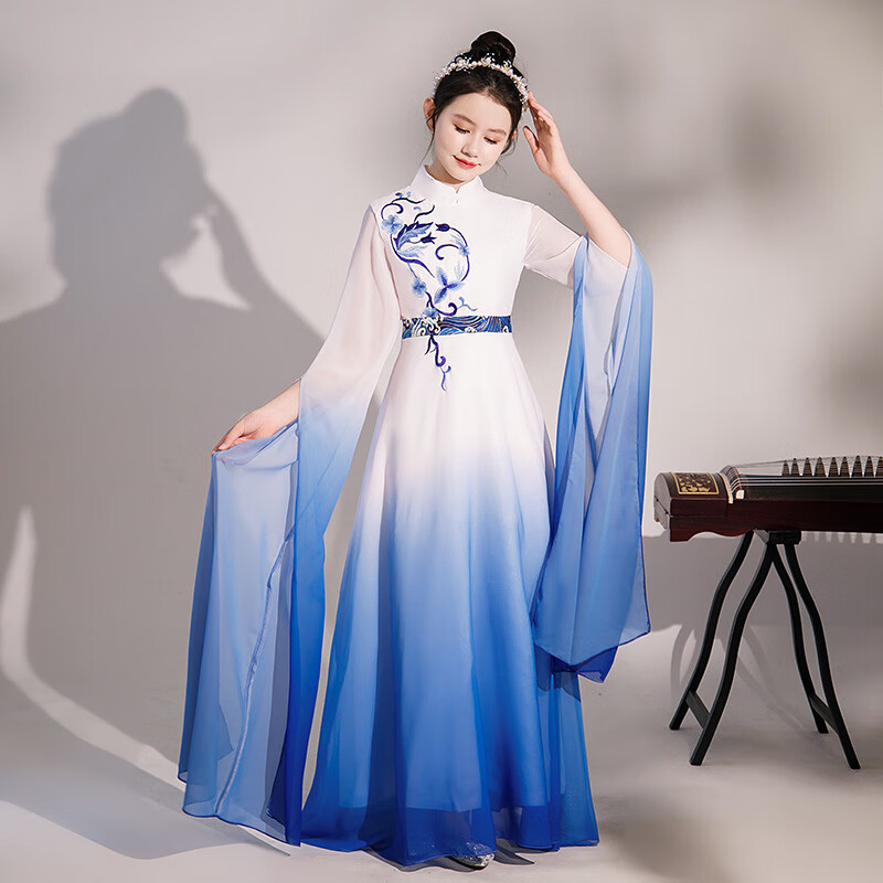 璇醇女童漢服超仙古箏演出服中國風古風二胡演奏禮服合唱比賽表演服 28-藍色漸變 130 cm適合身高130cm左右