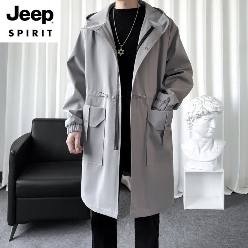JEEP SPIRIT男士风衣外套2025新款春秋中长款连帽披风感宽松工装大衣 浅灰色 M