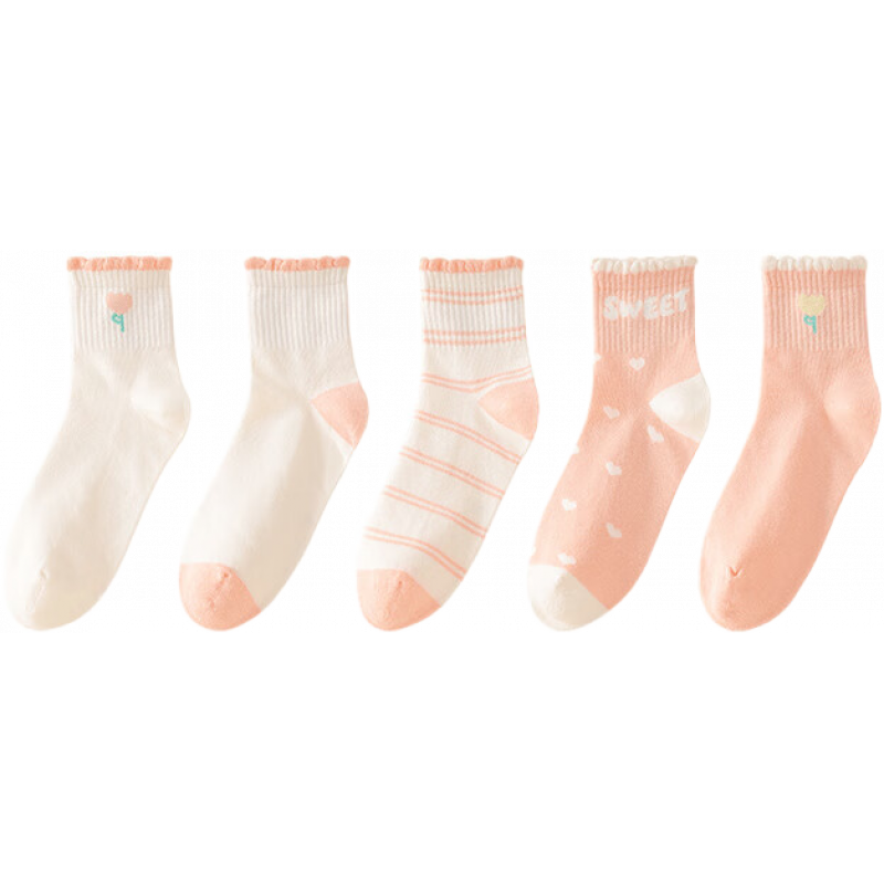 红豆 儿童袜子6-12岁男女中大童春夏5双装中筒棉袜A类高弹透气学生娃 H5W5020 （女童） 5双 均码 22-24cm （建议足底长19）