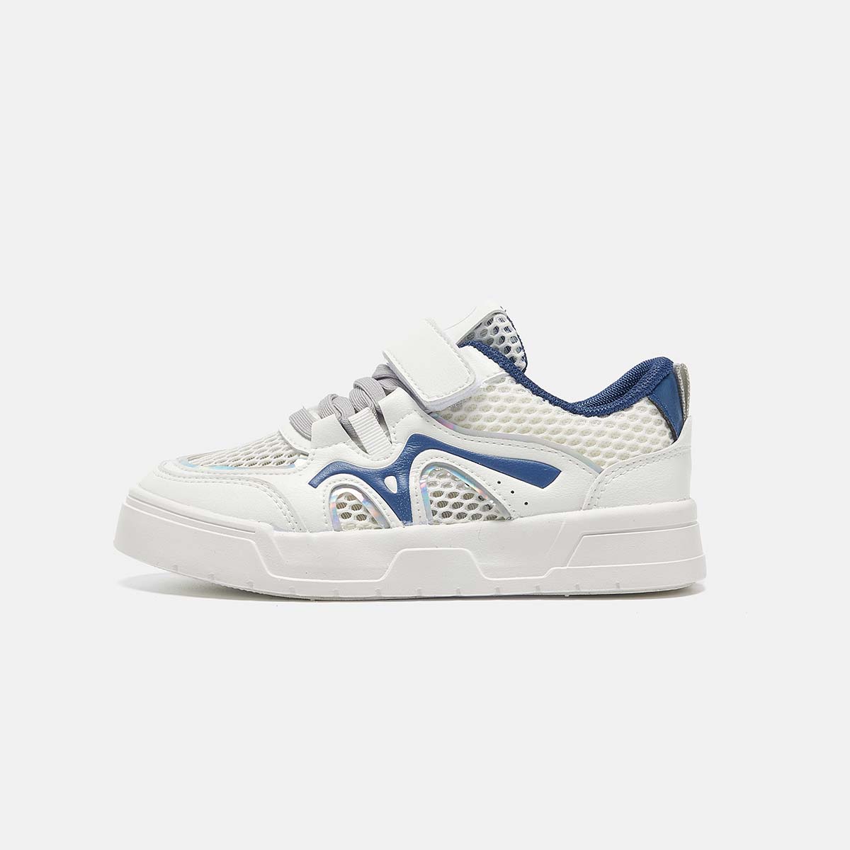 MQD马骑顿春夏儿童百搭魔术贴网面板鞋男童软底透气运动鞋子跑步鞋女 米白/深蓝 28