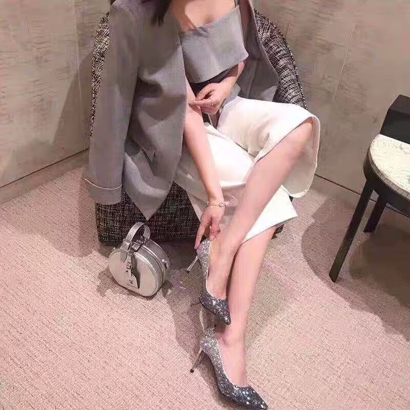 范華洛品牌法式漸變高跟鞋百搭亮片水晶婚鞋2025年細跟尖頭氣質(zhì)淺口單鞋 冰雪藍7lm 38