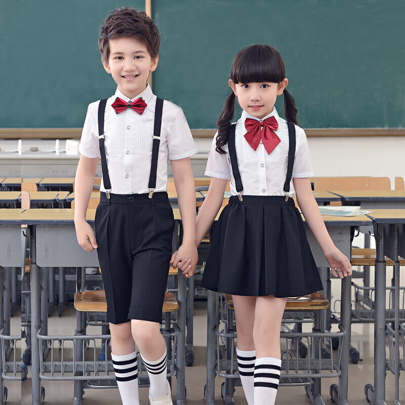 衣諾坊 六一兒童禮服演出服 幼兒園表演服套裝 小學(xué)生大合唱演出服裝 黑色男:襯衫+短褲+背帶+領(lǐng)結(jié)襪子 130 （建議體重：42-54斤）