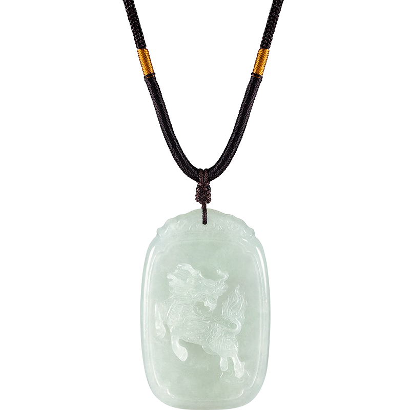 六福珠寶新年禮物翡翠麒麟回首吊墜男女款玉石掛墜配頸繩 總重約17.36克