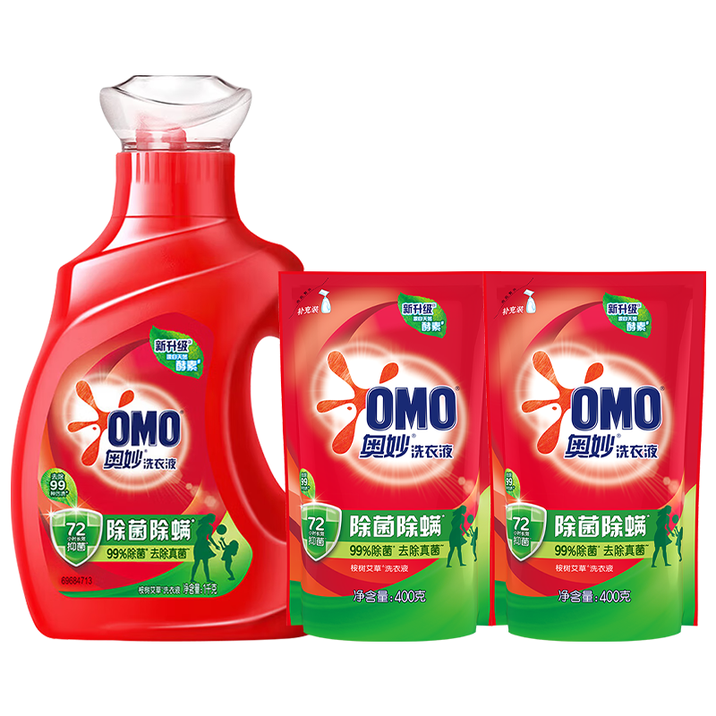 奥妙（OMO）洗衣液浓缩天然酵素持续留香洗衣液除菌除螨替换装家庭装 除菌除螨1000+400g*2袋