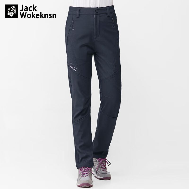 JACK WOKEKNSN狼爪云户外冲锋防风加绒秋冬男保暖女防水加厚软壳登山长裤新款 黑色-男款 2XL