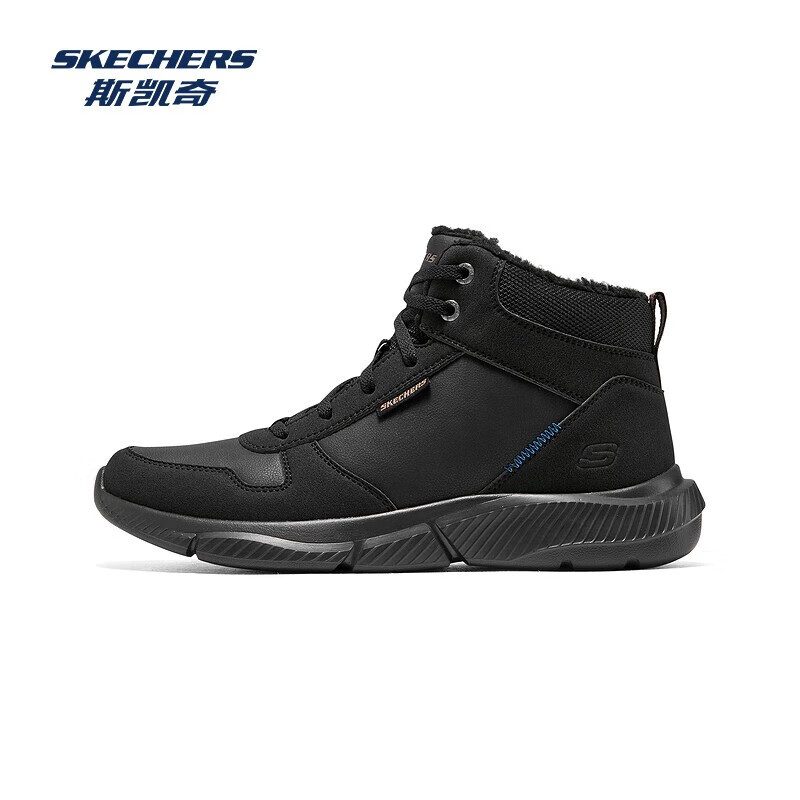 斯凯奇（Skechers）秋季新款男士绑带高帮鞋舒适保暖加绒柔软舒适鞋子 全黑色/BBK 42