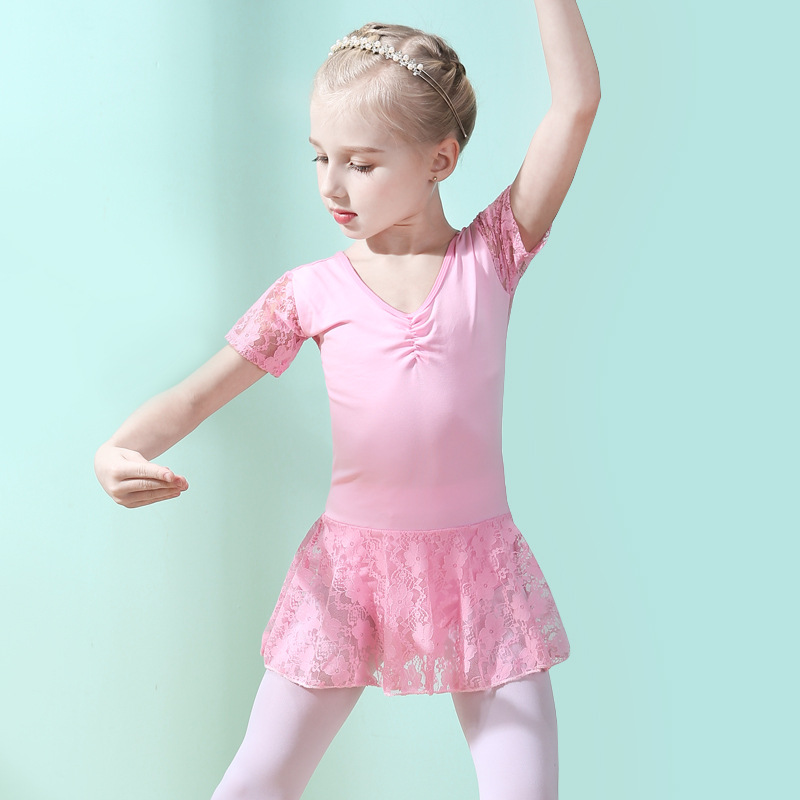 粉色短袖女童芭蕾舞考级练功服女款连体服