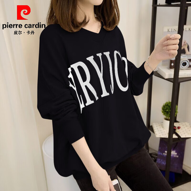 皮爾卡丹（pierre cardin）套頭衛(wèi)衣女胖MM特大碼女裝V領(lǐng)寬松遮肚蝙蝠衫早秋韓版長(zhǎng)袖上衣服 黑色 L 適合 120-160斤穿