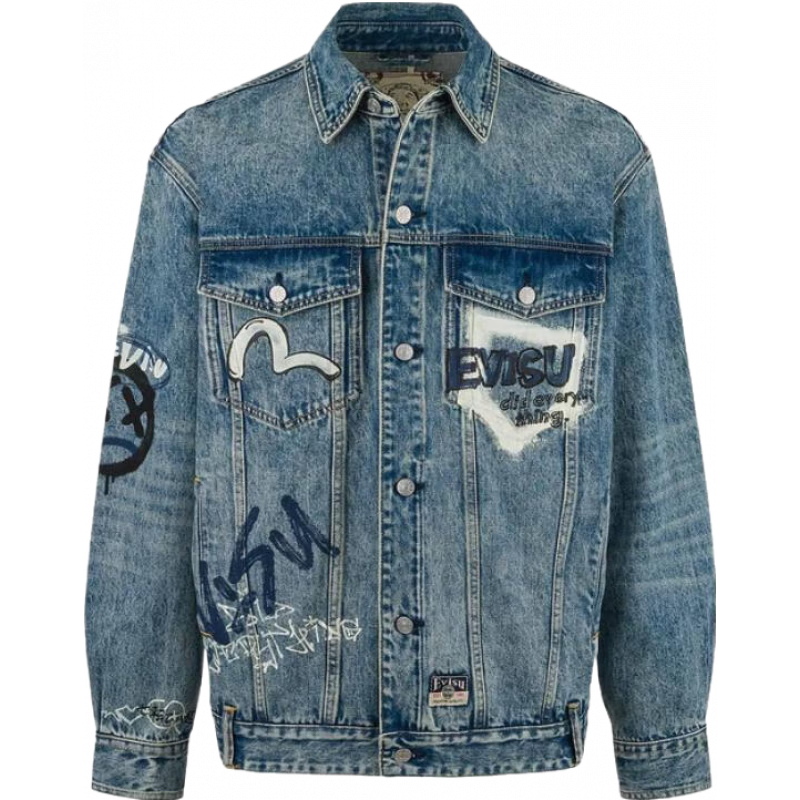 EVISU【限時(shí)折上折】【王一博同款】25新品商標(biāo)多重印花牛仔夾克 牛仔藍(lán) XL