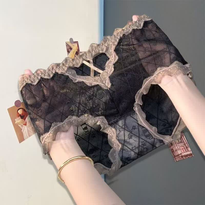 元梦菲3条薄款蕾丝内裤女镂空性感纱网透气棉裆纯欲风无痕中腰女士内裤 206#绿色+黄色+黑色 3条 L 110-130斤
