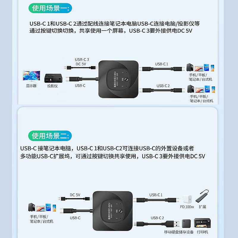 春程USB-C双向切换器分配器二进一出转换器TYPE-C双向互转视频器2进1出共享器8K视觉投屏器PD100W充电