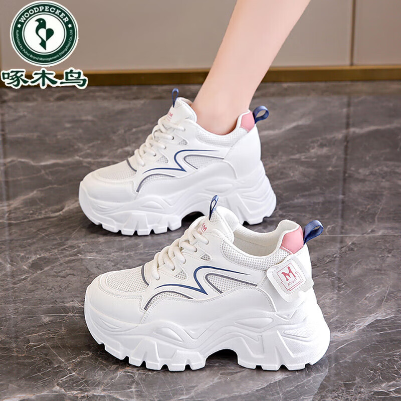 啄木鸟小白鞋女2025春夏季新款网面透气运动鞋厚底小个子内增高厚底