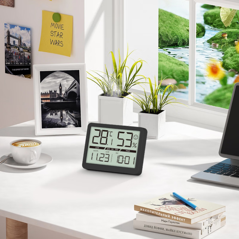 LCD家用温湿度计创意学生仪表 简约多功能床头数字温湿度时钟时间 黑色