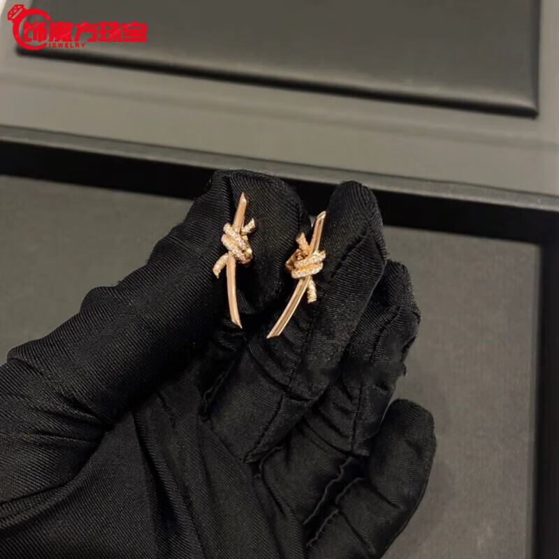 观菩阁18k金彩金耳饰耳钉女轻奢绳结耳环玫瑰金七 耳钉【玫瑰金】