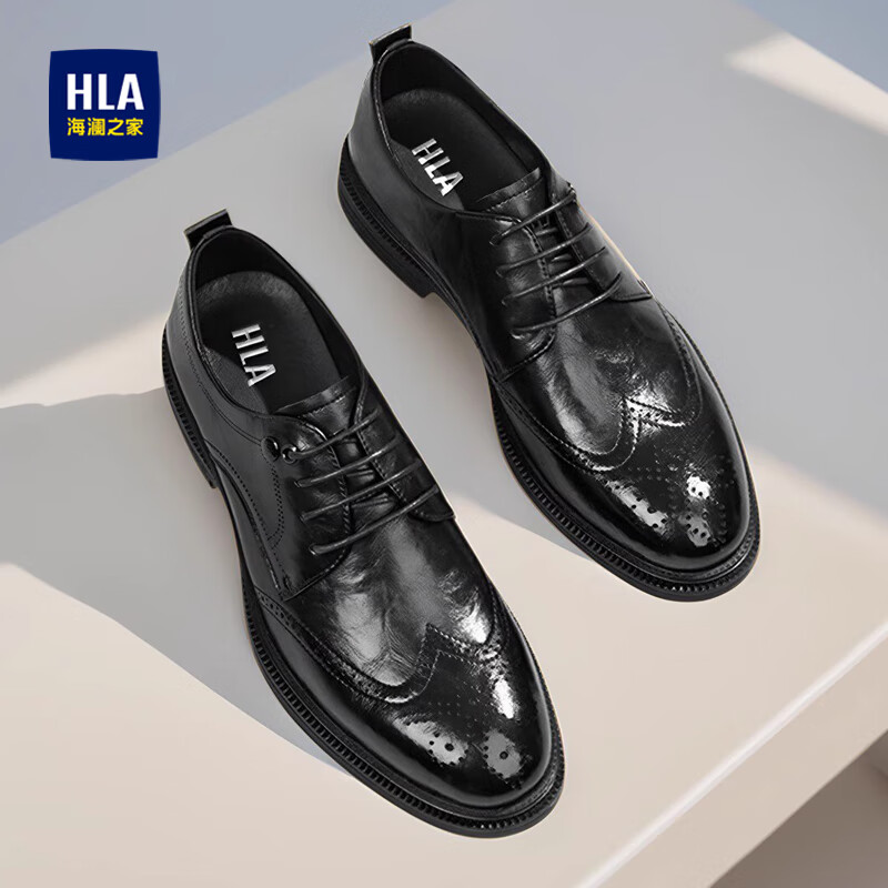 海澜之家(HLA)皮鞋男款牛皮2026新款布洛克雕花商务正装结婚新郎德比鞋子男 黑色增高款(HAAPXM1EAO091) 42 (偏大一码,拍小一码)