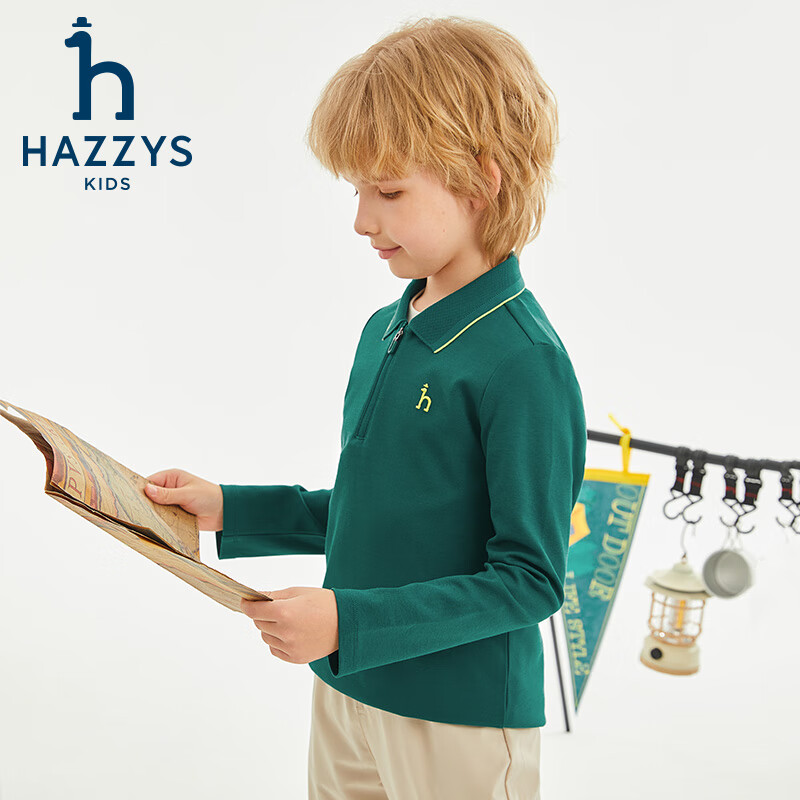 哈吉斯(HAZZYS)品牌童装男童POLO衫春季新款舒适柔软透气撞条简约时尚长袖POLO衫 沙滩灰 165