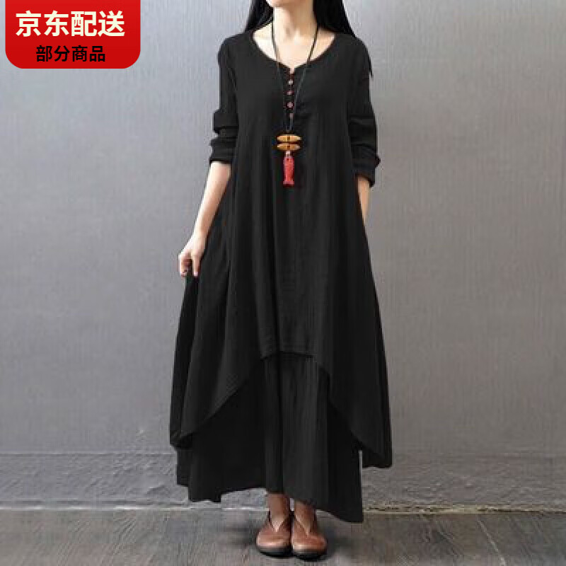 CARLOS KAYLA夏季禪修服佛系禪服女夏天茶人服棉麻連衣裙胖妹妹文藝復(fù)古禪意 黑色 m