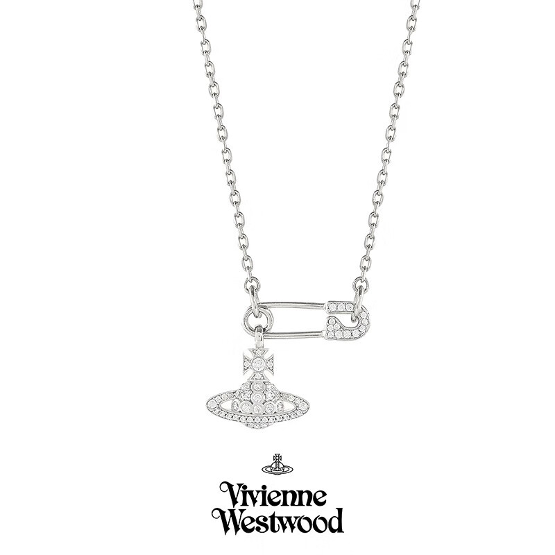 薇薇安·威斯特伍德（Vivienne Westwood）明星西太后正品珍珠项链毛衣链土星别针锁骨链送女友生日礼物 银色--土星别针锁骨链