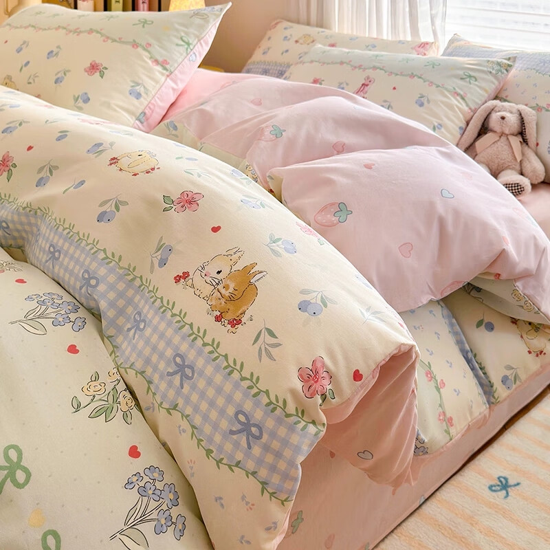 雅芳婷(A-Fontane)全棉四件套清新風(fēng)印花裸睡膚雙人家用純棉床單被套床笠款套件 藍莓小兔 1.2m床單款三件套-被套150x200c