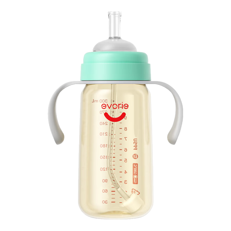 愛得利（evorie） 吸管奶瓶1-3歲 嬰兒ppsu12個月以上300ml寬口徑帶手柄重力球 