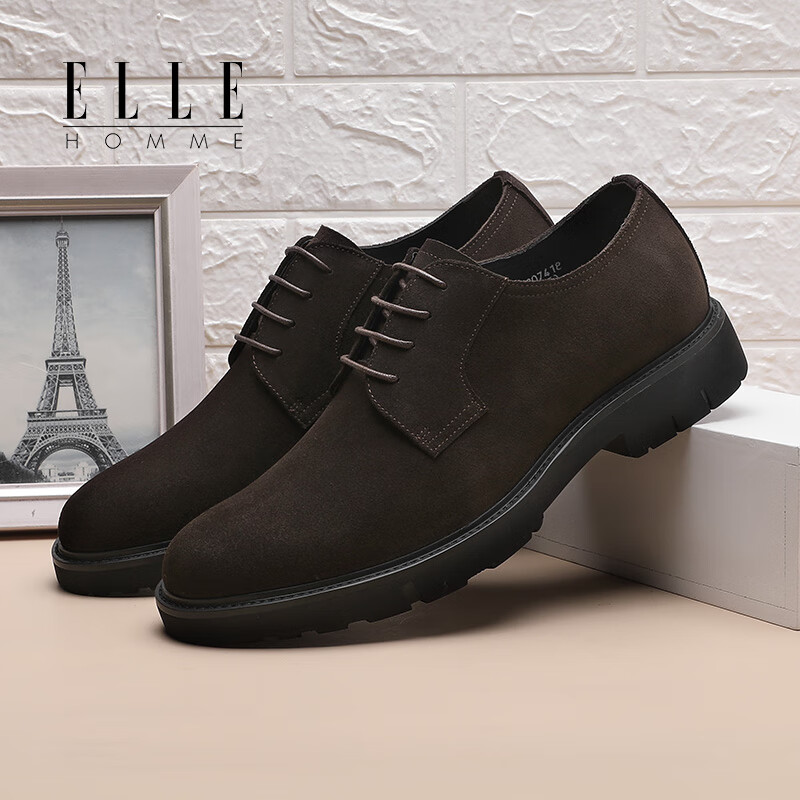 ELLEHOMME2025新款男士英倫德比鞋反絨牛皮商務休閑鞋翻毛皮鞋 咖啡色/棕色 YQ9A807418 40