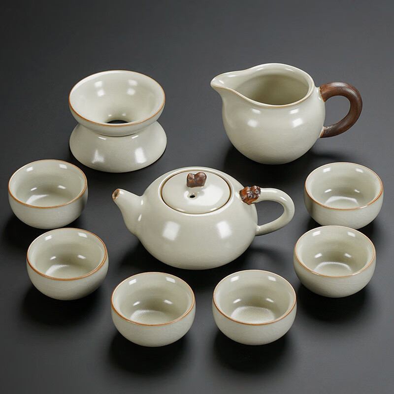 琦軒源tvvt云山茶玩輕奢米黃汝窯茶具套裝家用辦公陶瓷茶杯功夫泡茶壺泡 吉祥壺六杯9件套
