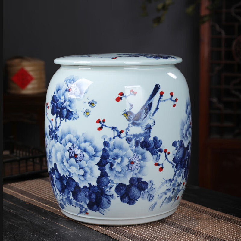 仙袋手绘牡丹花鸟青花瓷茶叶罐大号带盖超大容量家用特大号散装储物罐