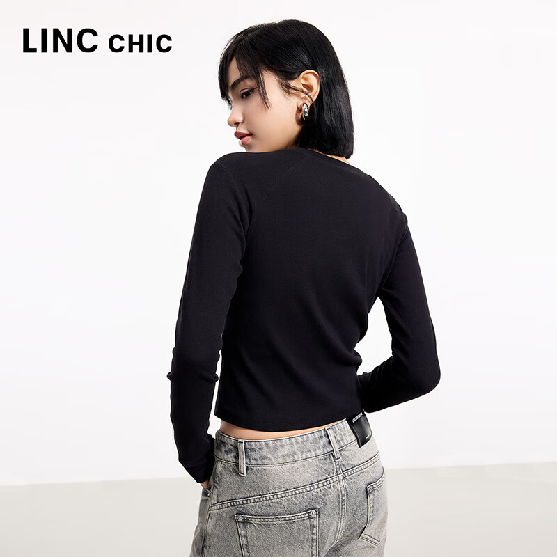 金羽杰2025年春季新品修身圆领长袖T恤女短款轻薄款内搭上衣S251FK019Y 黑色 S 适合95斤以下