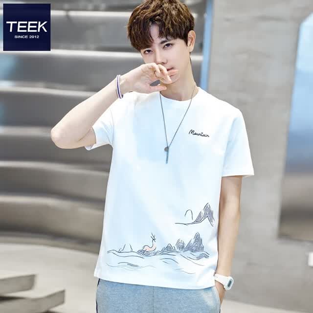 TEEK纯棉圆领短袖t恤男生休闲衣服 2026春季男装中国风印花青年上衣 HS1531白色 L