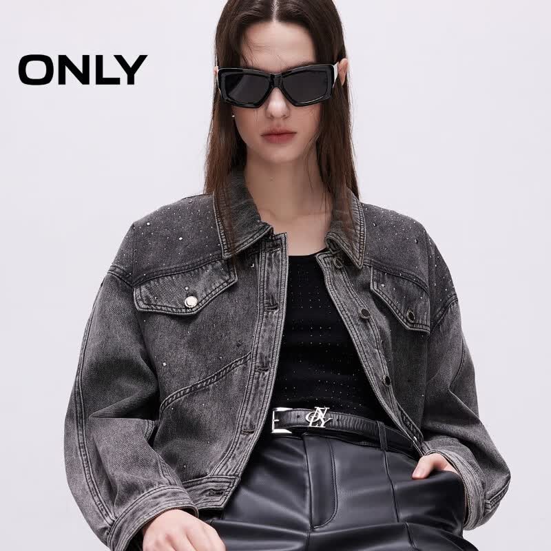ONLY2025秋季新款复古水洗水钻OVERSIZE翻领牛仔外套女|125154005 J0Z 牛仔灰 S