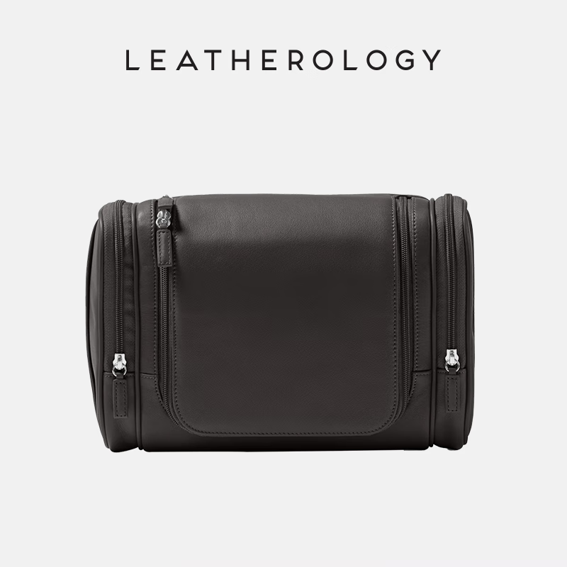 LEATHEROLOGY牛皮可挂式洗漱包男旅行收纳袋便携大容量手提化妆包定制老师礼物 玛瑙黑L号