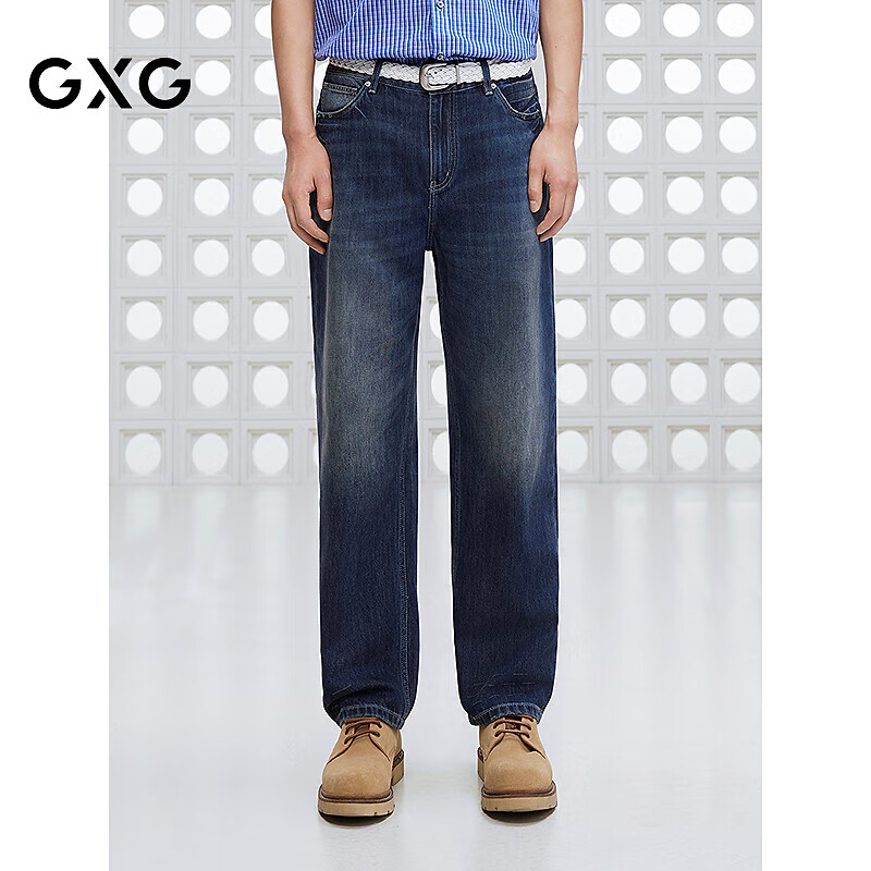 GXG男裝寬松直筒復(fù)古深色水洗牛仔褲 深藍(lán) 165/S