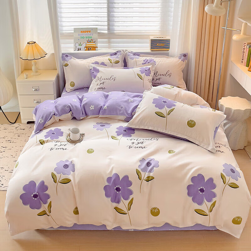 软贝 小清新四件套 透气亲肤 印花卡通简约田园套件被套床单床上用品 春晓-紫 床单款 1.2m三件套(被套150*200cm