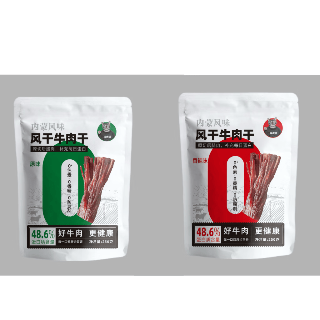 猫虎蛋猫虎蛋正宗牛肉干内蒙古风干手撕熟食高蛋白低脂肪独立包装 原味250g+香辣味250g