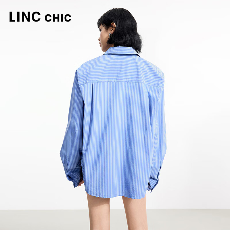 金羽杰2025年春季新品轻奢长袖竖条纹衬衫女士中长款宽松衬衣S251SH093Y 高街蓝条 L 适合150斤以下