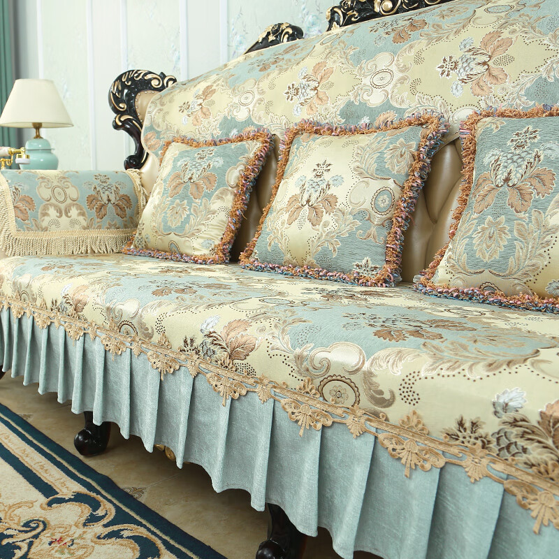 索菲娜 欧式沙发垫四季防滑沙发垫套轻奢高级感皮沙发坐垫巾靠背巾定制 ms温莎堡裙边款-蓝绿[裙摆20cm]# 坐垫(70+裙摆)*180cm一片