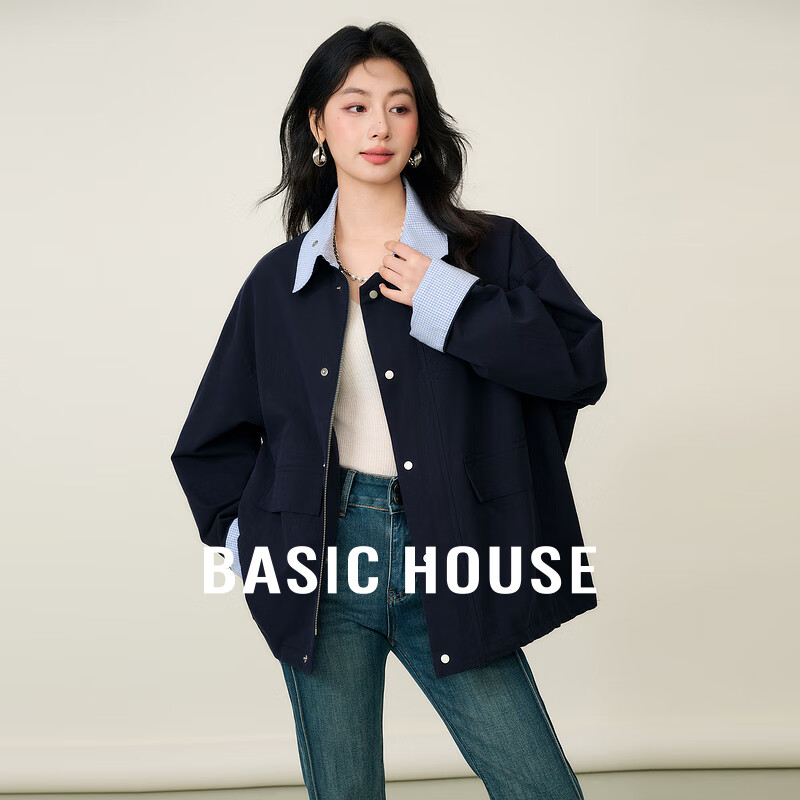 百家好（Basic House）Basic House/百家好2025春季新款撞色百搭宽松气质感翻领长袖衬衫 藏青色 M