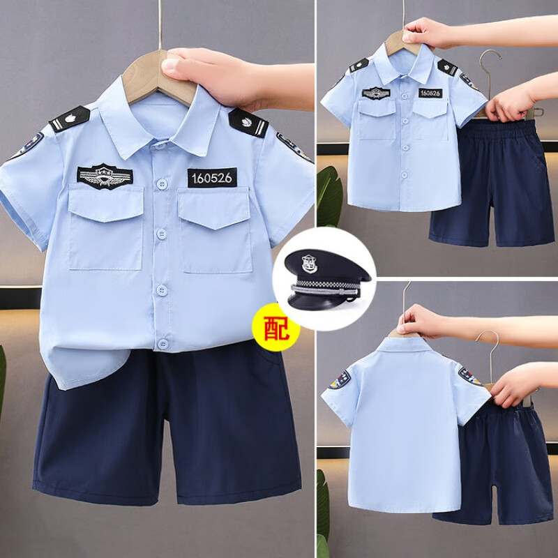 G.duck儿童警官警察衣服男童套装夏季新款男宝宝演出服中小童衬衫短袖 警察服套装加帽子 110 （建议身高100cm 4-5岁）cm