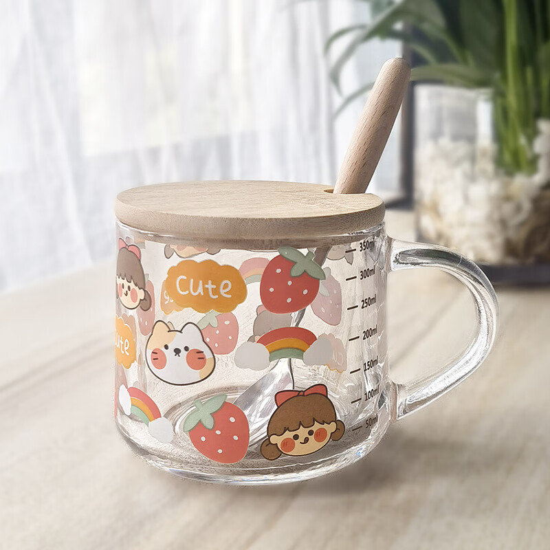 【优选百货】ins玻璃杯卡通印花吸管杯加盖勺刻度可爱牛奶杯早餐 350ml 可爱小兔款+竹盖+木柄勺 301-400ml